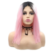 sylvia pink short straight bob synthetic u part lace front wigs with dark roots heat resistant fiber hair for women