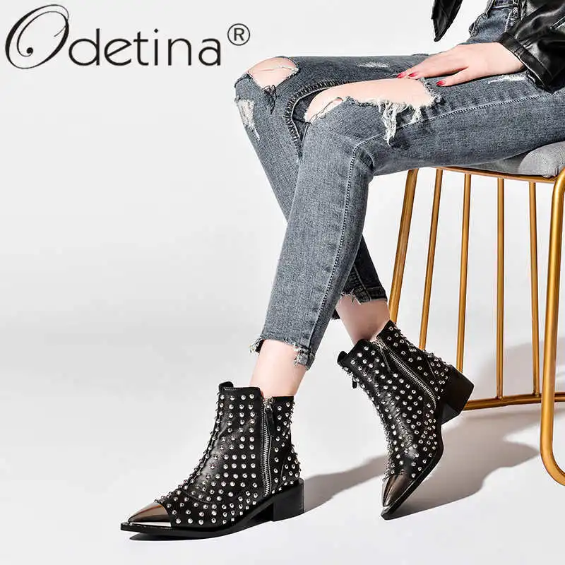 Odetina/Новинка женские ботильоны из натуральной кожи на массивном среднем каблуке