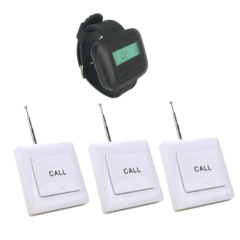 

Restaurant Pager Wireless Waiter Calling System 433MHz 1 Watch Receiver+3 Button Transmitter