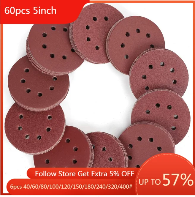 

60pcs 5 Inch 125mm Round Sandpaper Eight Hole Disk Sand Sheets Grit 40-400 Hook and Loop Sanding Disc Polish for Polishing Tool