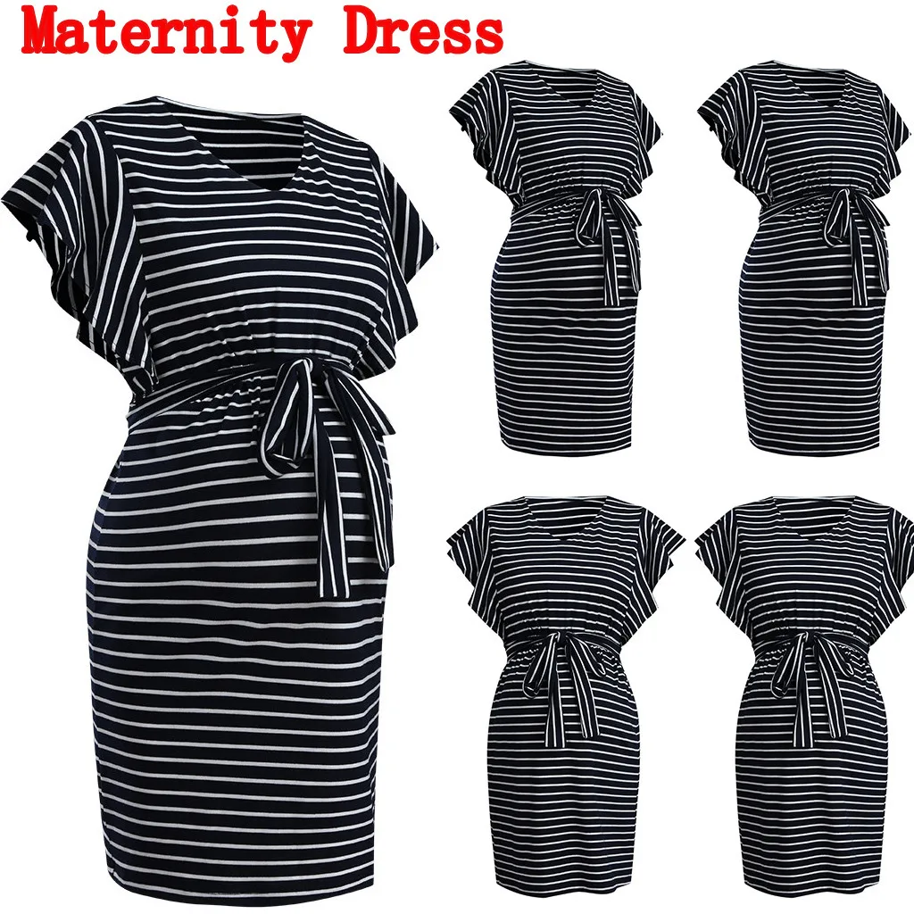 Women's Maternity Dresses Short Sleeve Pregnancy Clothes Stripe Comfortable Summer Ladies Strapless dress Pregnant | Мать и ребенок