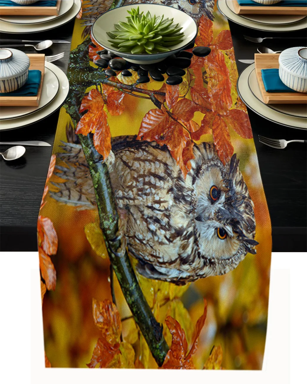 

Animals Owl Maple Leaf Table Runner Modern Wedding Decorations Dinning Table Runners Placemat Christmas Decorations