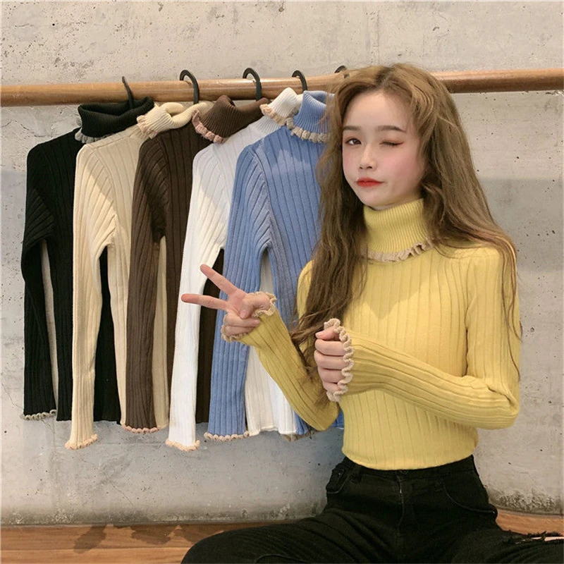 

2021 Fall Winter Ruffles Sweater Color Matching Turtleneck Ruched Women Sweaters High Elastic Solid Female Sexy Knitted Pullover