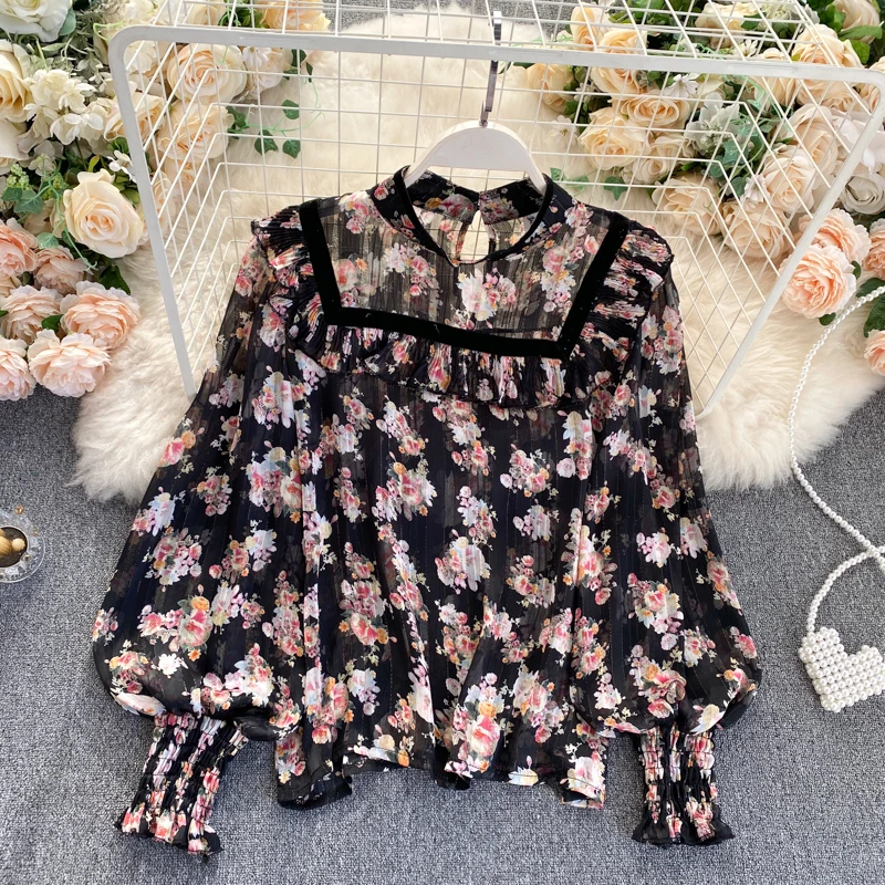 

Stand Collar Puff Sleeve Chiffon Shirt Spring Summer Holiday Beach Shirt Sweet Ladies Floral Print Blouse Women's Shirt