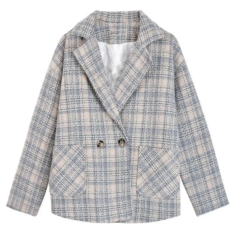 

One Size Womens Wool Coats Spring Autumn Female Blends Jackets Plaid Single Button Add Cotton Ladies Outerwear Top Clothes Hy88