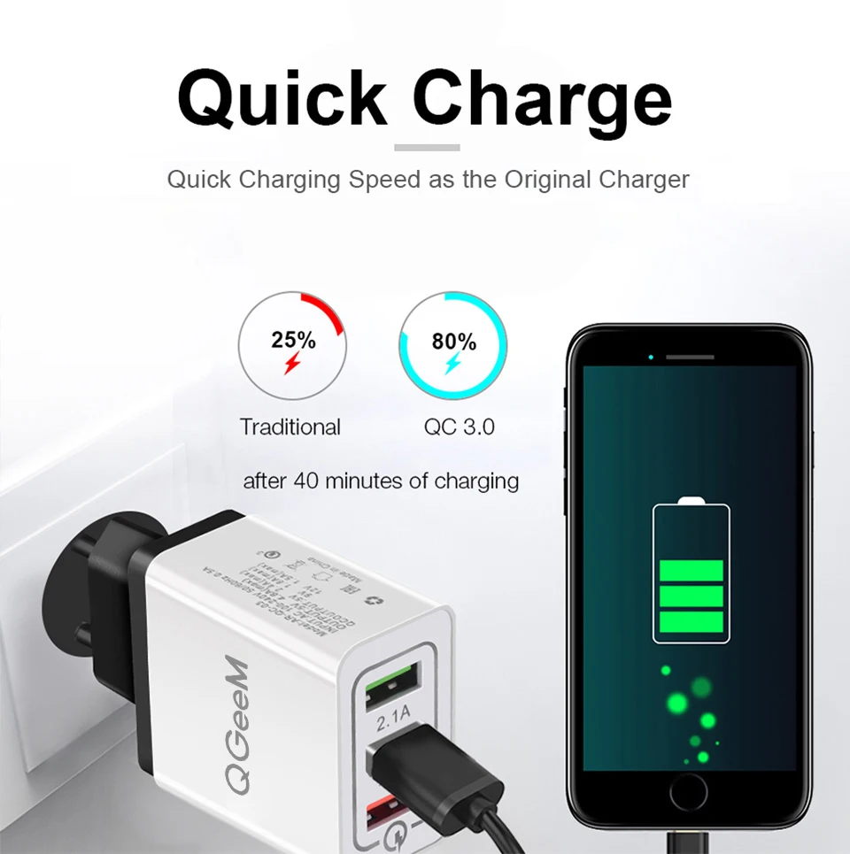 QGEEM 3 USB зарядное устройство Быстрая зарядка 3,0 быстрое USB настенное зарядное устройство портативное мобильное зарядное устройство QC 3,0 адаптер для Xiaomi iPhone X EU US Plug