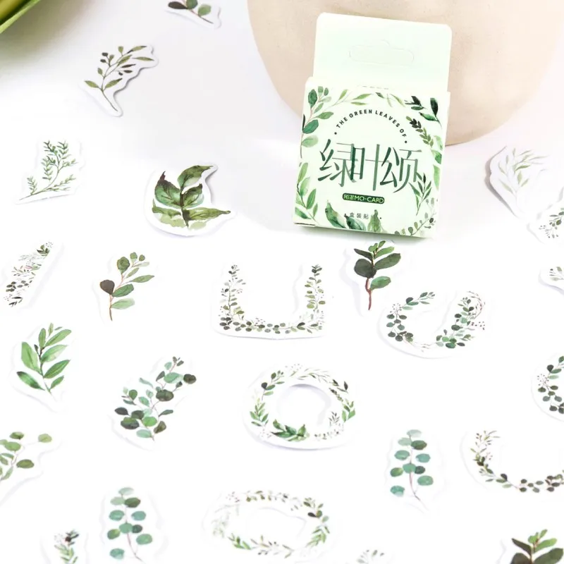 

40Packs Wholesale Boxed Sticker green leaf Square Scrapbooking Stationery Sticker Branches Leaves Mini 4CM