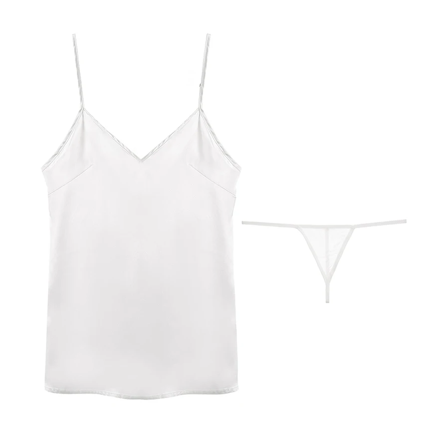 

Women Sexy Backless Sleepwear Dress Solid Color Smooth Summer Suspender Sling V-neck Robe Home Wear Satin Nightgown Lingerie