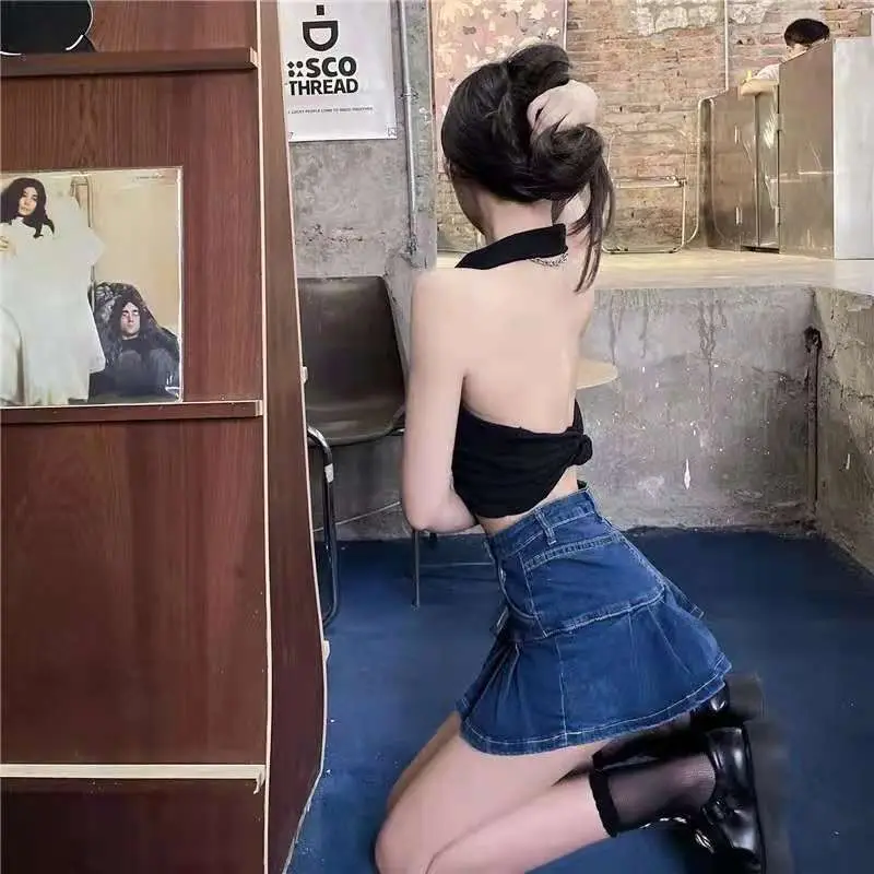 Женская джинсовая юбка с оборками STSVZORR красная плиссированная высокой талией