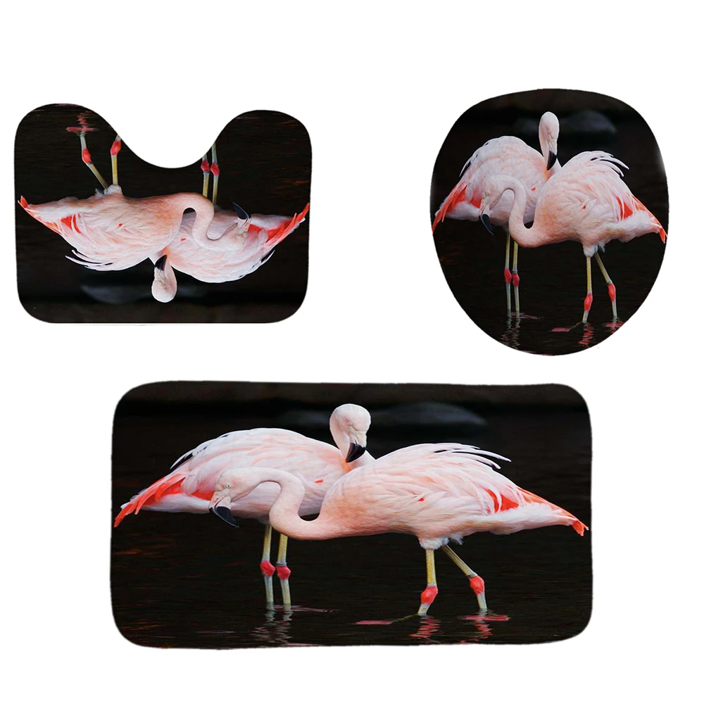 

Flamingo Print Waterproof Shower Curtain Polyester Fabric For Bathroom Decor 4 Piece Set Soft Toilet Mat Pad