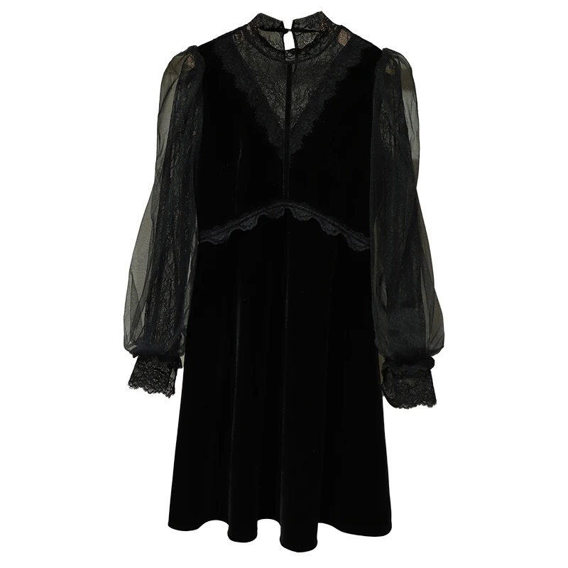 

Женское бархатное платье средней длины, легкое черное платье с кружевной сеткой и прострочкой на талии, весна-осень 2021