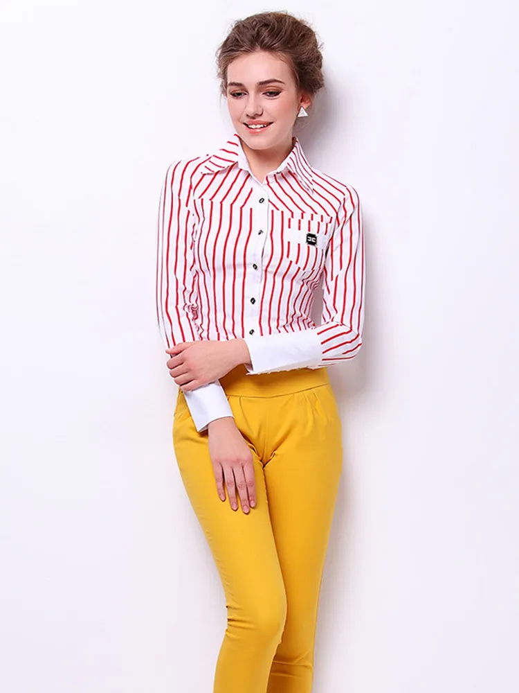 2017 Women Stripes Cotton Office Wear Body Blouse Shirt Ladies Slim Long Sleeve Red Balck One Piece | Женская одежда