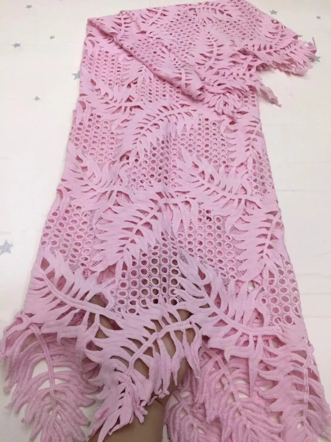 

Latest Water Soluble African Guipure Cord Lace Fabric Pink Leaf Design Nigerian For Wedding X10