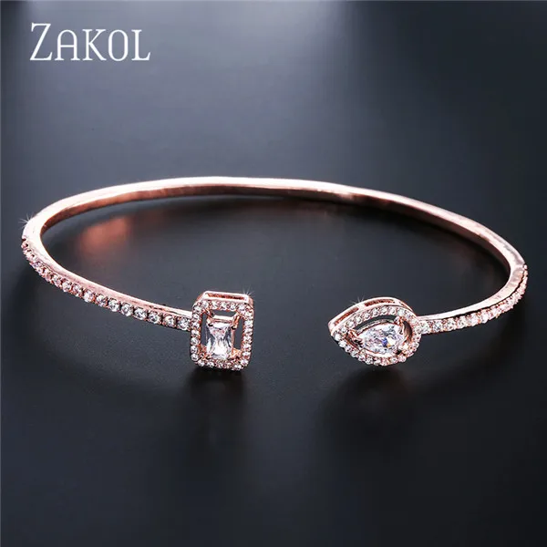 Rose Gold Color ZAKOL Модный изысканный круглый и Капля воды микро проложить циркония браслет-кафф с кристаллами браслет для женщин платье ювелирные изделия FSBP2009 - Окраска металла: Rose Gold Color