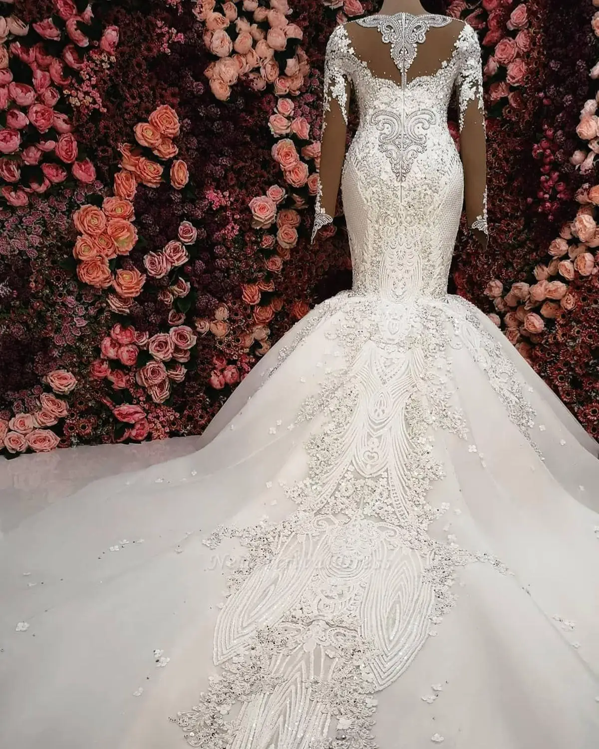 Vestidos De Noiva Гламурные Кристаллы Русалка свадебное платье сексуальные v-образным вырезом с длинными рукавами Свадебные платья