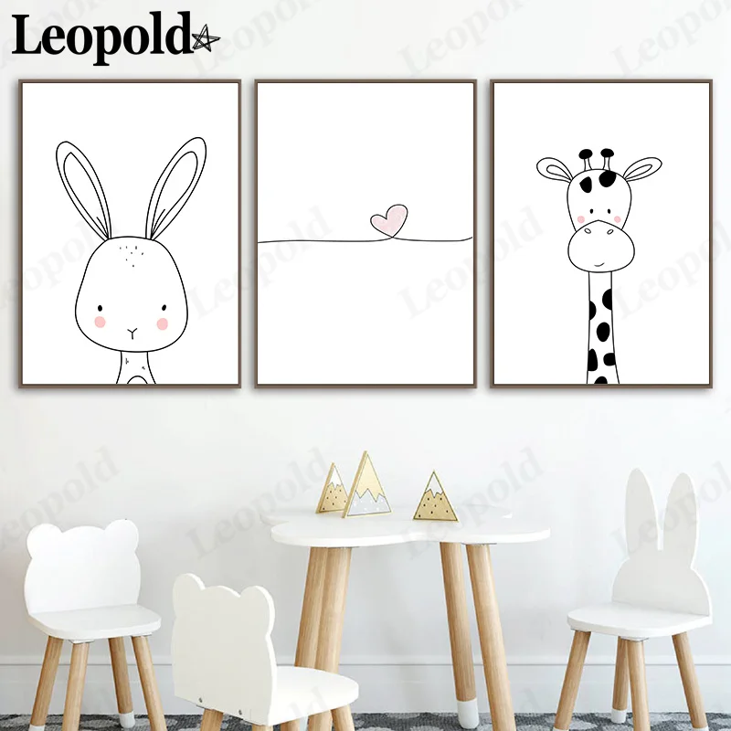 

Nordic Cartoon Animal Canvas Poster Pink Heart-Shaped Giraffe Rabbit Painting Wall Art Modern Kindergarten Home Decoration