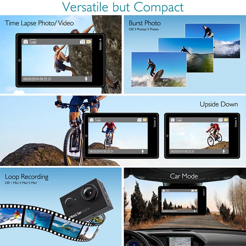 Dragon Touch Экшн-камера Vision 4 4K EIS 16MP Поддержка внешнего микрофона подводная камера с WiFi пультом дистанционного управления Спортивная камера
