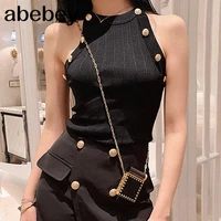 high quality 2020 summer new hollow out womens tank tops thin knitted sleeveless sexy tops golden buttons camisole women clothes