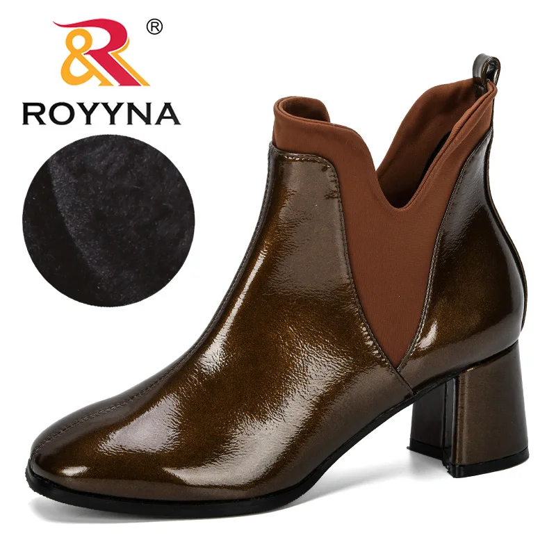 ROYYNA/Новинка года; дизайнерская зимняя обувь из блестящей микрофибры; женские ботильоны на высоком каблуке с острым носком; женские ботинки; zapatos mujer; модная обувь - Цвет: Brownness