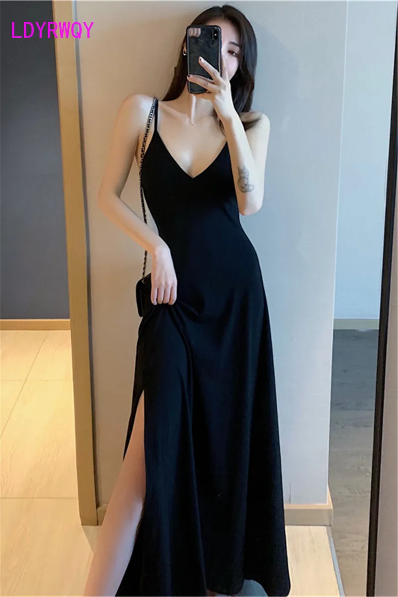

[LDYRWQY] Women's Spring / Summer 2020 New Retro Long V-neck Sling Bottoming Dress Women Knee-Length Sleeveless