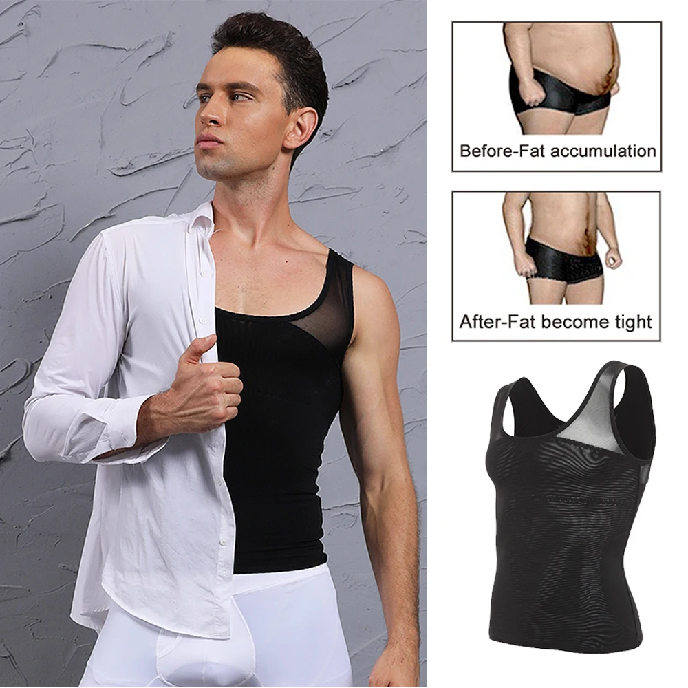 Men Power Net Body Shaper Slimming Vest Chest Waist Trainer Compression Shirt Tight Undershirt to Hide Tank Top