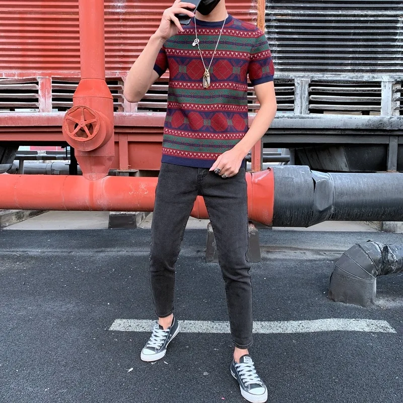 Мужской свитер с коротким рукавом Летняя трикотажная футболка в стиле Харадзюку уличная одежда хип хоп