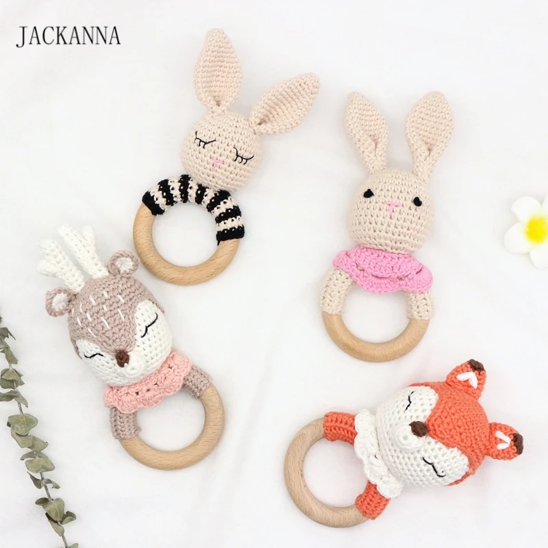Вязаная детская погремушка грызунок деревянное кольцо ручной работы игрушка для