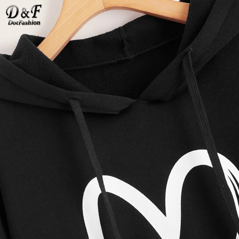 Dotfashion/Черная Толстовка с принтом в виде сердца и передним карманом для женщин, осенняя Повседневная Толстовка с капюшоном со шнуровкой, Женские базовые свитшоты
