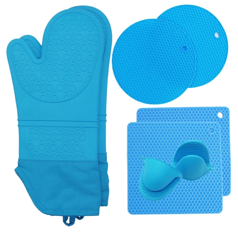 

8 Pcs Plus Cotton Thick Silicone Gloves Hand Clip Kitchen Insulation Oven Baking Silicone Long Oven Gloves Blue