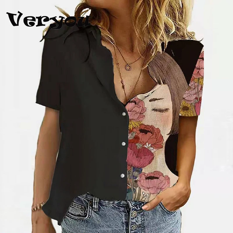 

2021 Vintage Print Button Up Shirt Turn Down Collar Casual Blouse Shirt Short Sleeve Summer Women Top Lady Office Plus Size