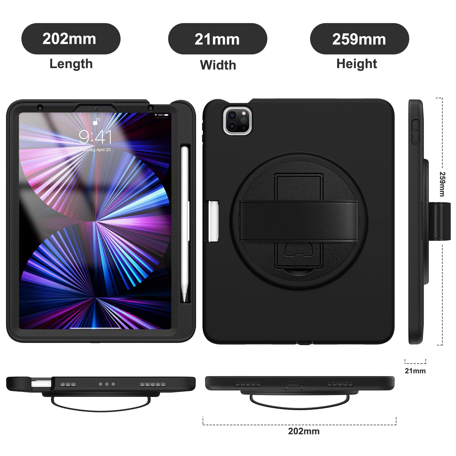 

Hand Strap Cover 360 Rotatable Kickstand Full Body Protective Case for iPad Pro 11 2020 2021 for iPad Air 4 10.9" 2020