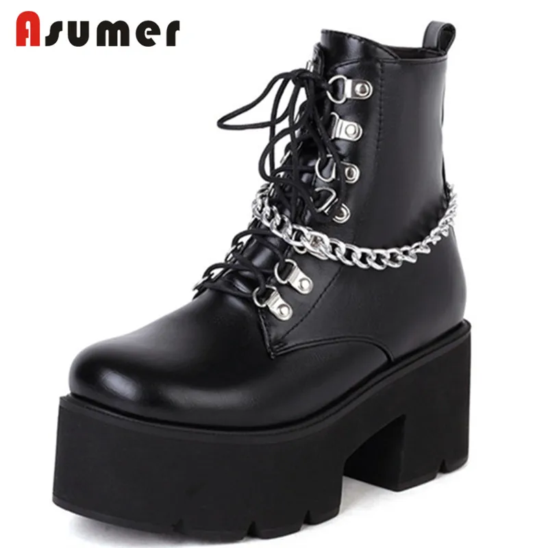 

Asumer 2022 Hot Sale High Heels Platform Shoes Women Ankle Boots Round Toe Zip Chain Fashion Motorcycles Boots Women Rome Shoes