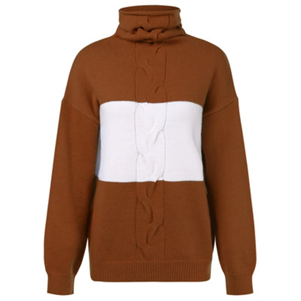 

Autumn Winter Turtleneck Thick Knitted Sweater Women Patchwork Striped Warm Tops Plus Size Casual Women's turtleneck