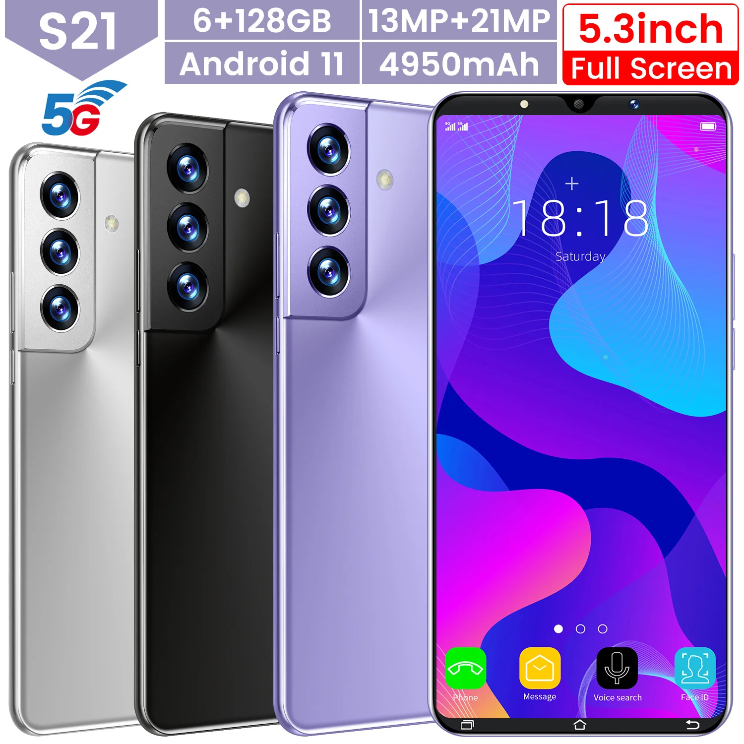 

Global S21 5.3 Inch 8+128GB 13MP+21MP 1440*3200 Smartphone 5G MTK6889 10 Core 4950MAH Android11 Dual SIM Card Face Finger ID
