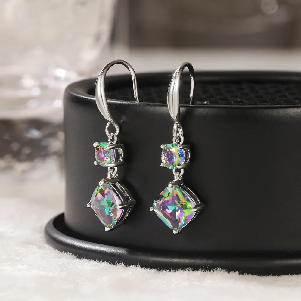 

Luxury Female Rainbow Long Drop Earrings Dainty Silver Color Wedding Earrings Cute Crystal Round Dangle Earrings For Women