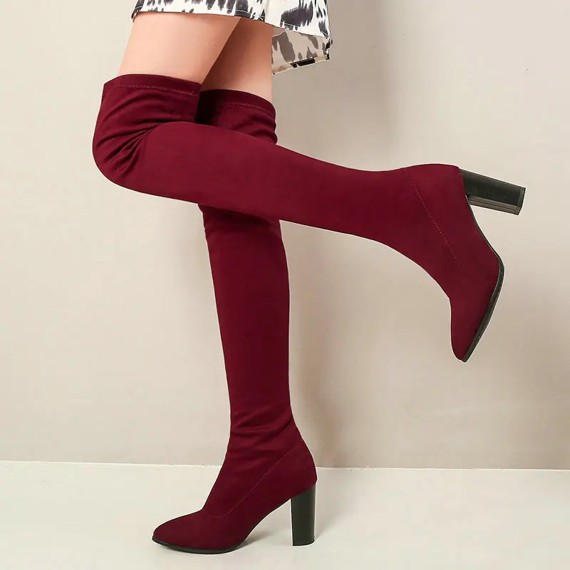 

Women Faux Suede Stretch Over The Knee Boots Fashion Slip On Square High Heel Thigh Boots Lady Pointed Toe Autumn Winter Shoes