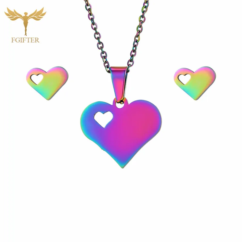 

Fashion Rainbow Color Jewelry Sets Double Heart Necklace Earrings Stud Set Wedding Gift Romantic Jewelry for Women
