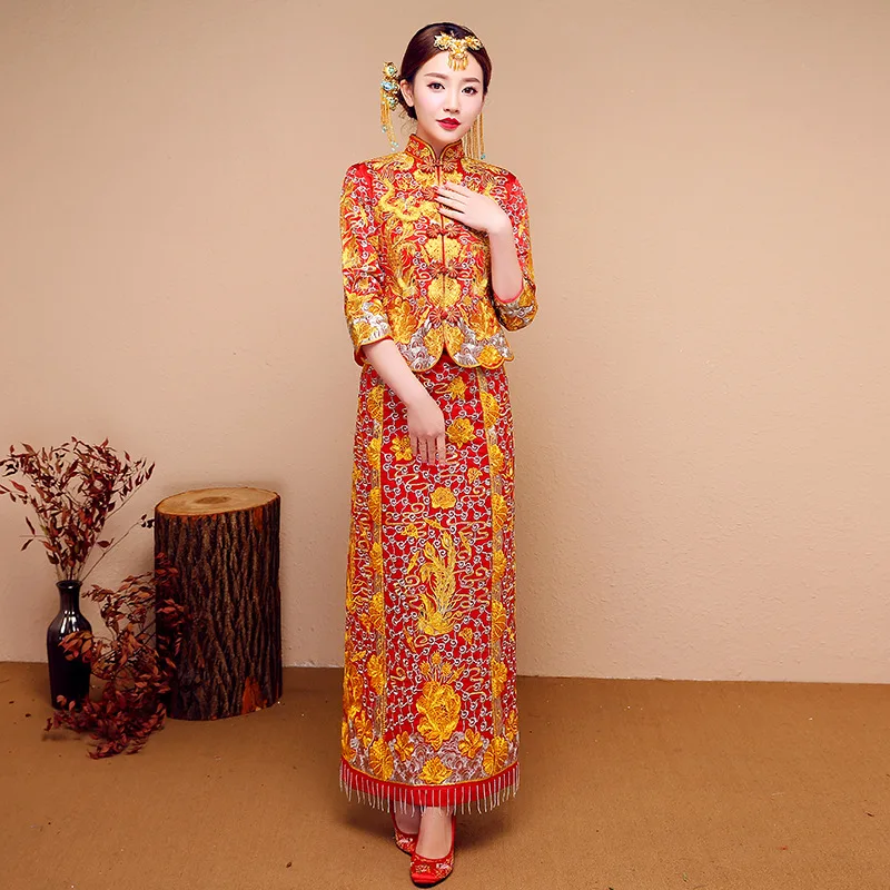 

Традиционное свадебное платье красный дракон феникс в китайском стиле свадебное платье потрясающее винтажное платье Xiu He китайское платье