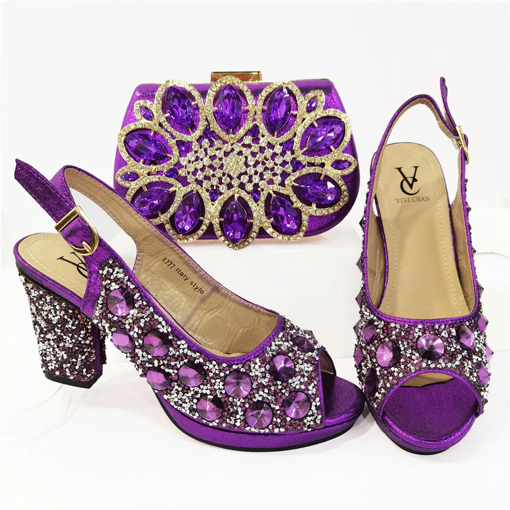 

Dark Purple 2021 Fashion Crystal Comfortable Heels Sandals And Bag Set Mature Style Woman Shoes And Matching Purse Set For Party