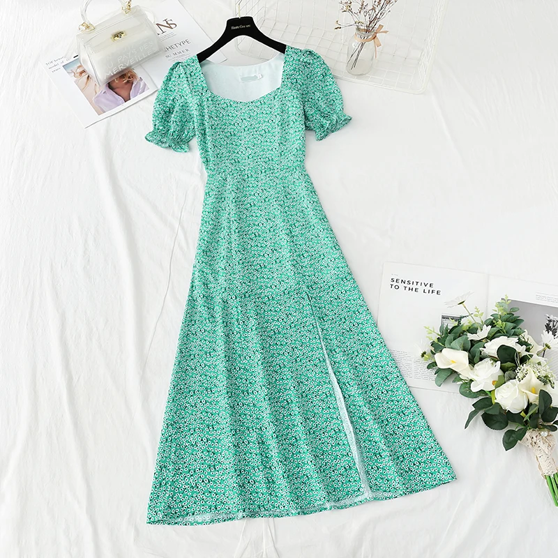 

Elegant Fairy Dress Women Floral French Puff Sleeve Chiffon Dress Korean Japan Style Sweet Vintage Retro Summer Dress 2021