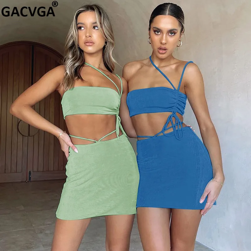 

GACVGA Drawstring Ruched Sexy Bandage Dress Sets 2021 Fashion Outfits Summer Party Lace Up Crop Top and Skirts Two Piece Set