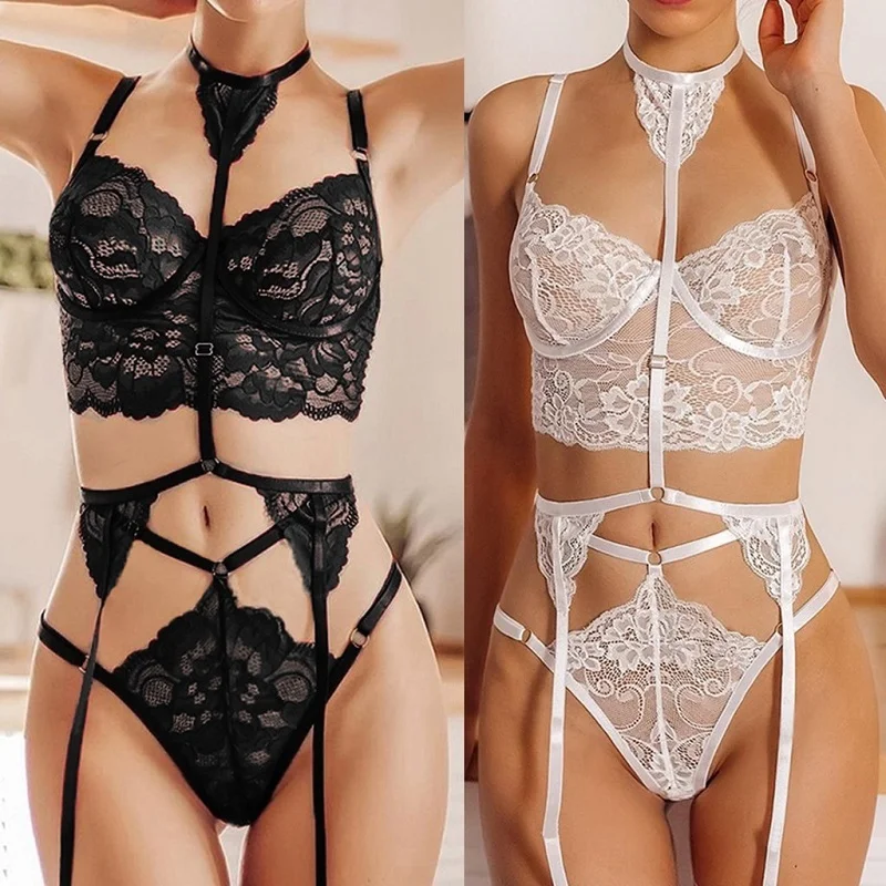 

Sexy Women Lace Lingerie Set Erotic Underwear Teddy Strap Babydoll Femme Hollow Garter Belts Transparent Bra and Panty Sets