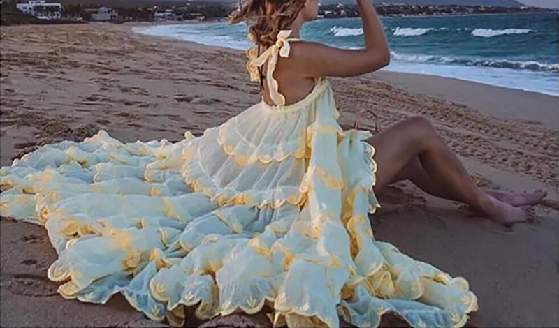 

Seaside Vacation Style Dress Female 2021 Summer Solid Lady Sexy Sling Cotton Dress Loose Temperament Puffy Fairy Midi Dress