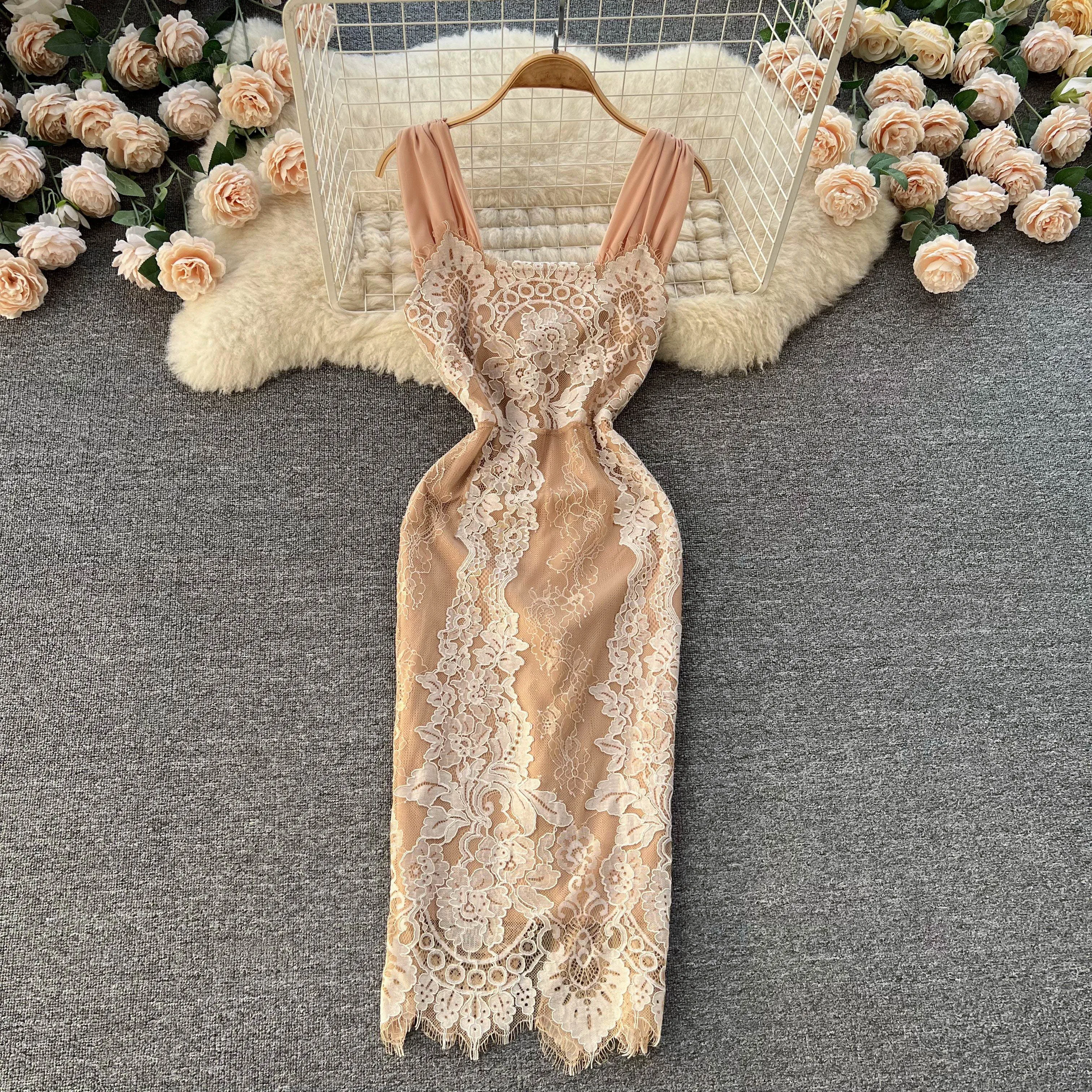 

C962 Women New Fashion Sexy Embroidered Stitched Lace Package Hip Dress Irregular Sleeveless Vintage Vestidos