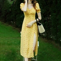 d yellow dress 2021 new summer retro square collar split skirt french bubble sleeve floral summer dress vintage