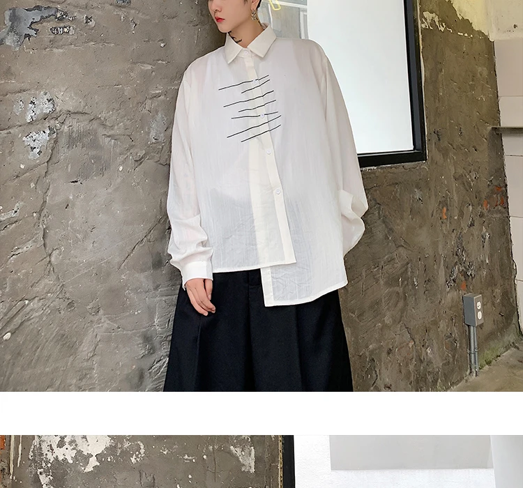 Men Long Sleeve Embroidery Irregular Casual Black White Shirt Male Streetwear Hip Hop Gothic Japan Dress Shirt