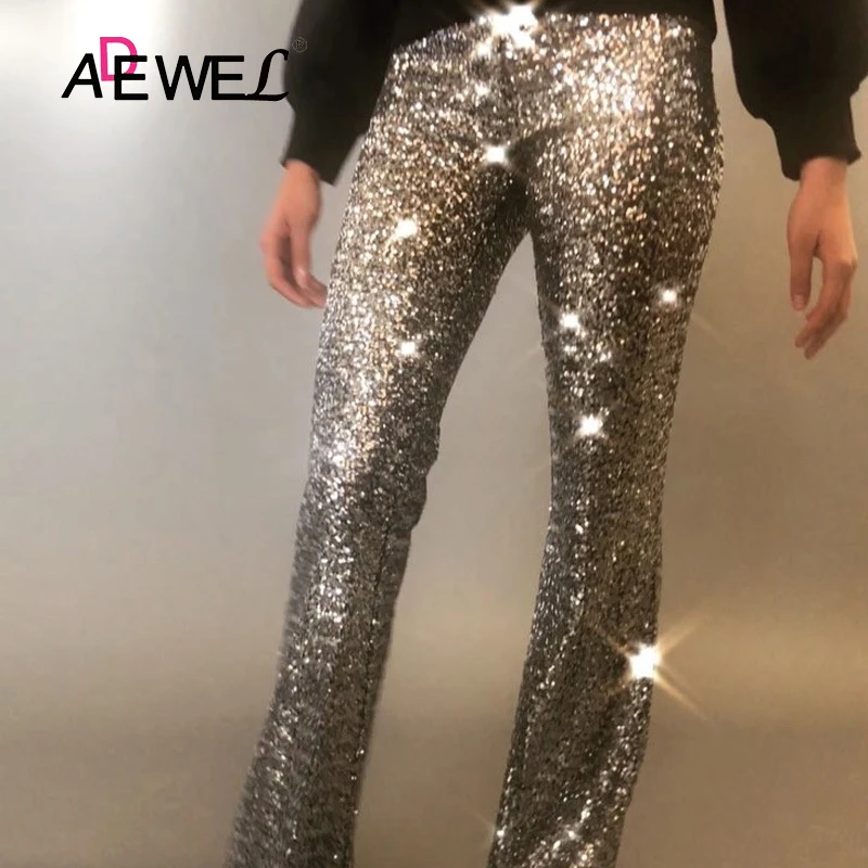 ADEWEL 2019 черные длинные широкие брюки с блестками женские блестящие Серебристые