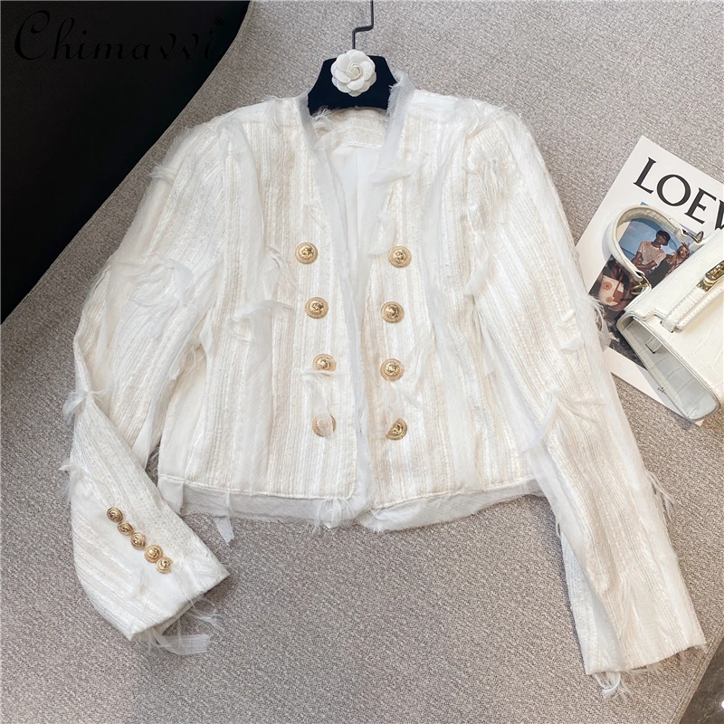 

2021 Autumn Women's Clothing New French Fashion Tassel Fur White Brass Buckle Suit Jacket Long-Sleeved Loose Crop Tops Feminine