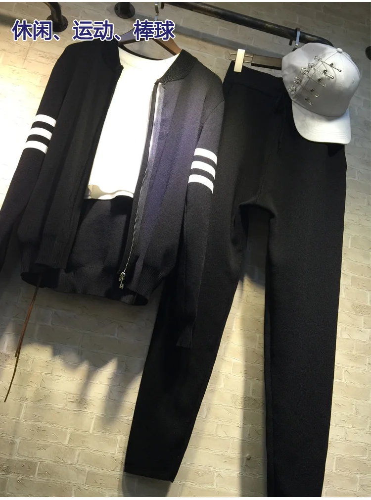 

2020 Elastic Waist Rayon Full Zipper V-neck Autumn New Women's Suit Ice Knitted Cardigan + Harem Pants Leisure Two-piece Female