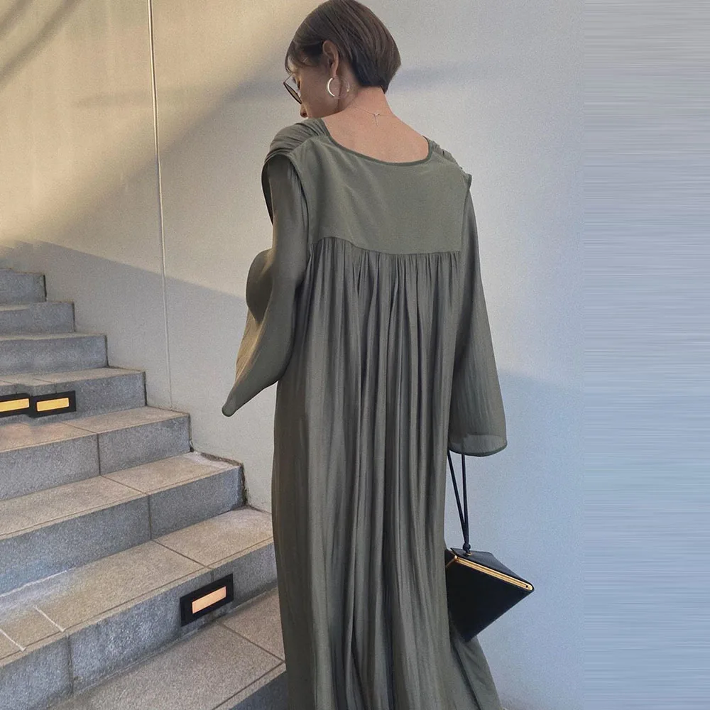 

Women Long Sleeve Korean Dress 2020 Autumn Summer V Neck Casual A-Line High Waist Pleated Long Maxi Dresses Office Ladies